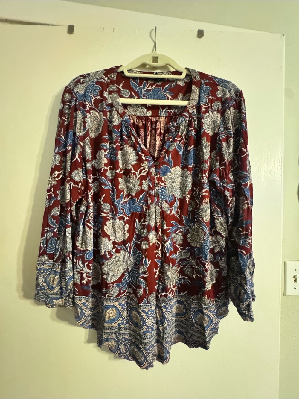 Lucky Brand Red Floral Boho Peasant Tunic with Blue Accents